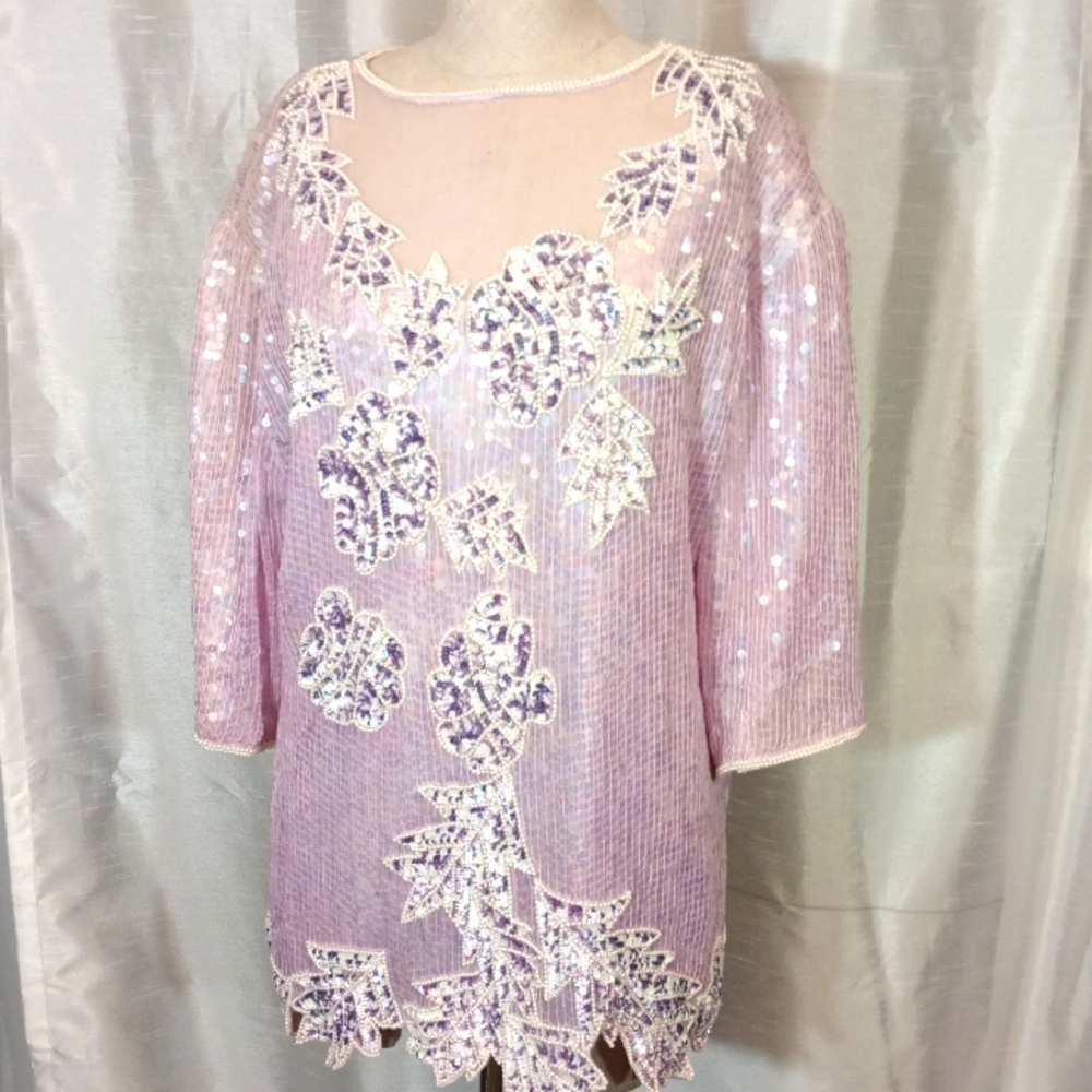 SILK SPARKLE Top /bead/Sequin Leaf  Design, Lavender SeeThru Shell/Lining, XL